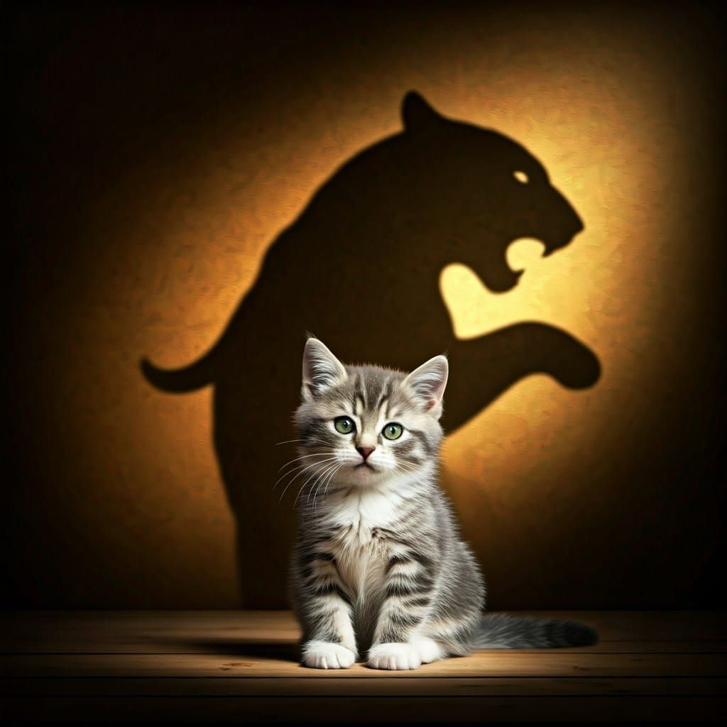 Whimsical Grey and White Kitten Illuminated in a Golden Glow