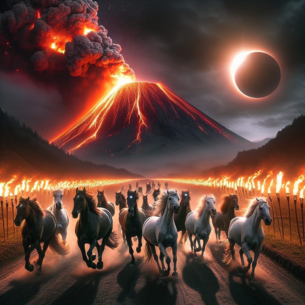 Majestic Horses Galloping Under Fiery Eruption