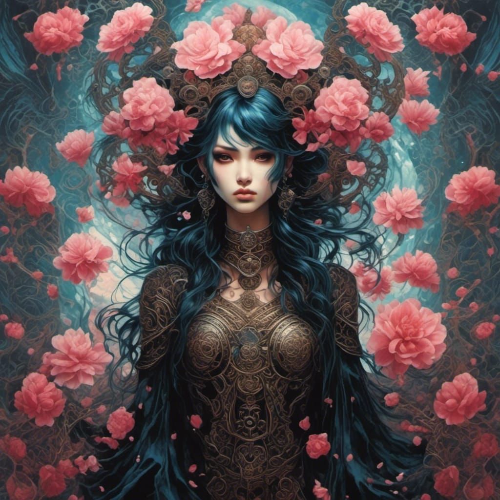 Gothic Anime Goddess Warrior with Cosmic Tattoos