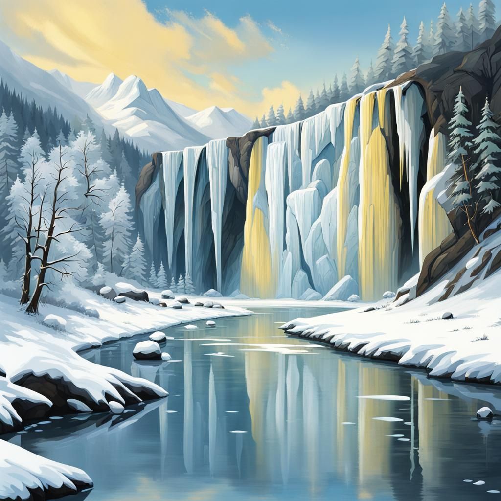 Frozen Waterfall and River in Pale Blue Hues