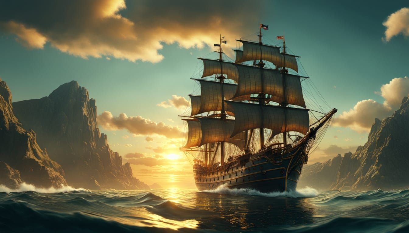 Epic Fantasy Sailing Ship in Golden Light