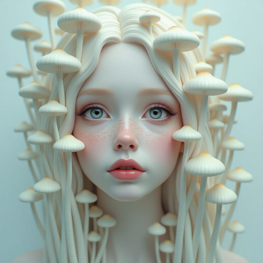 Surreal Fungal Portrait of Surprised Pale Girl