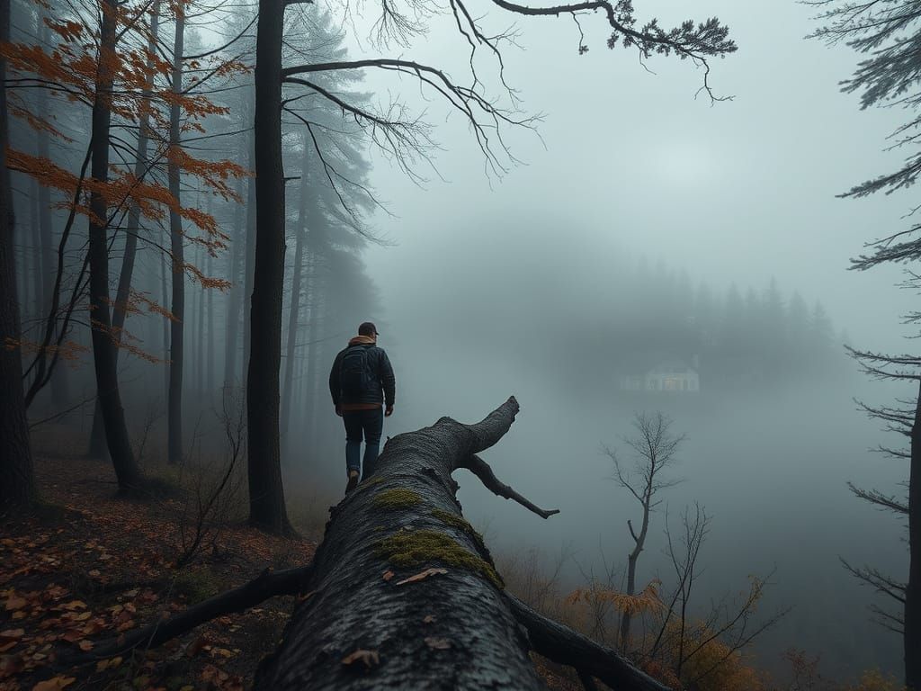 Misty Alpine Forest Morning with Distant Village