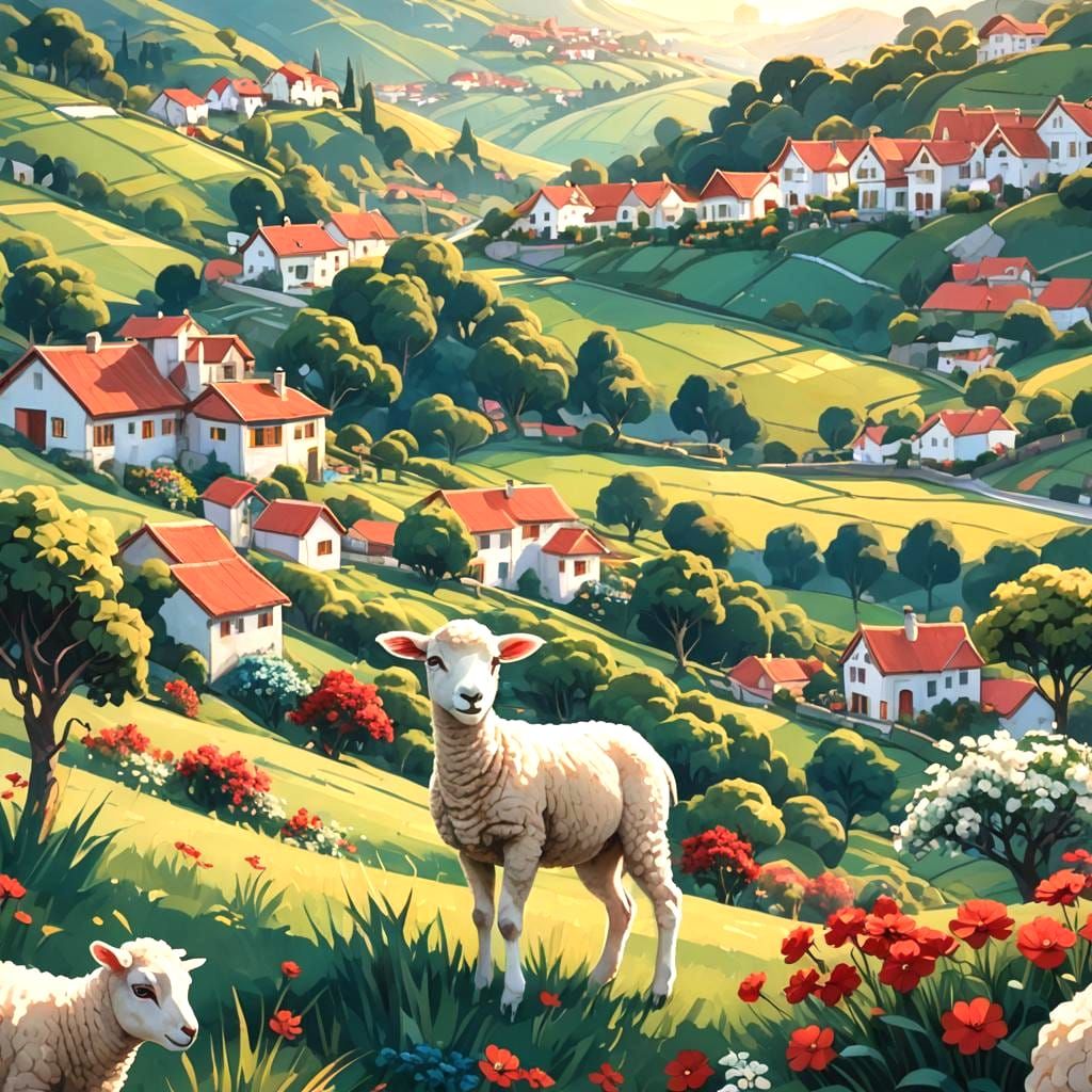 Pastoral Lamb Grazing: Detailed Digital Art