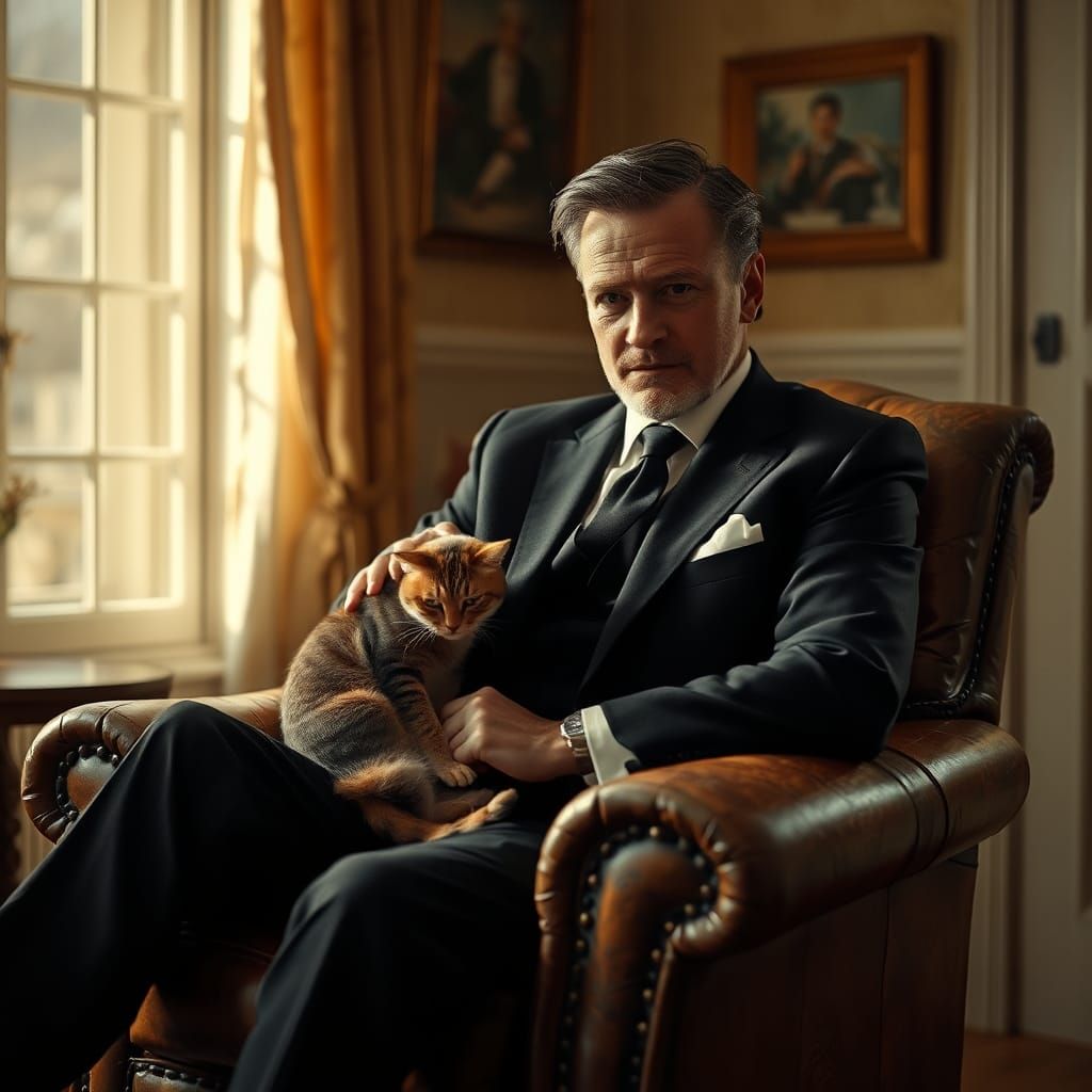 Man in Black Suit with Cat, Photorealistic Style