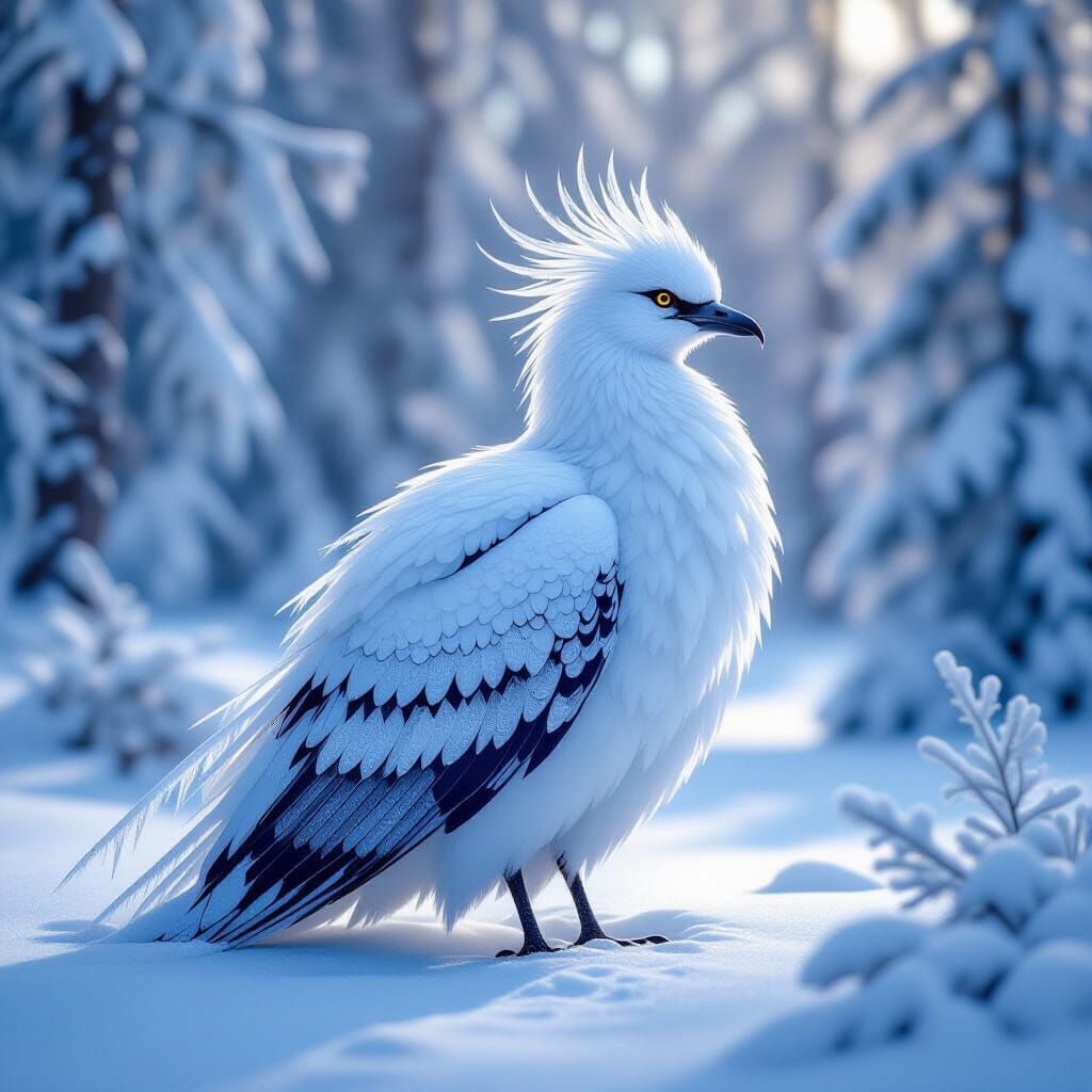 Ice Crystal Bird in Glimmering Winter Forest