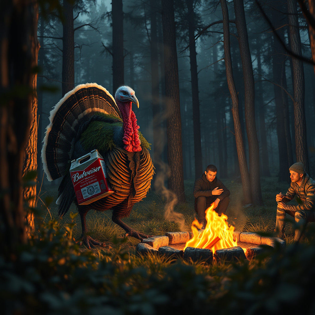 Camouflaged Turkey Hunter Stalks Bonfire Party