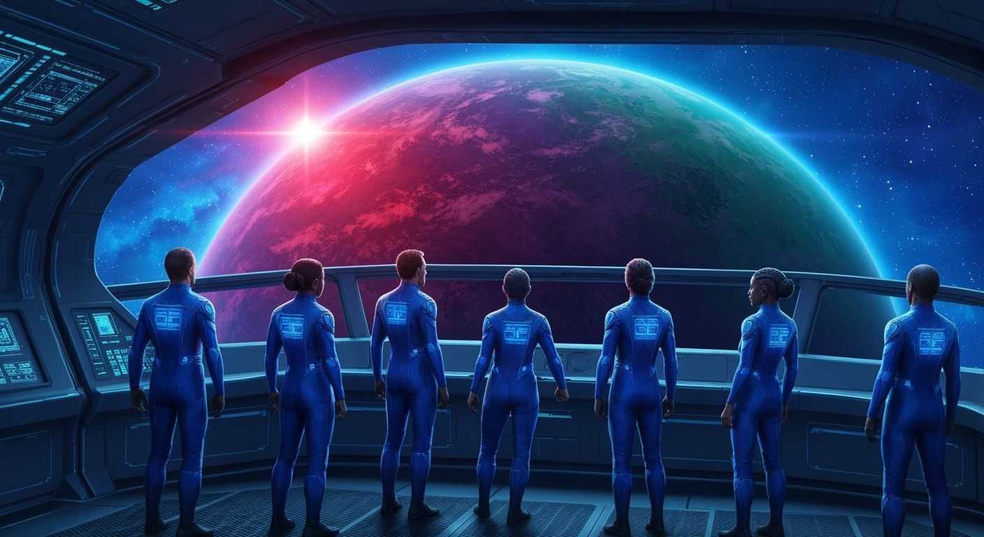 Starship Crew Views Alien Planet in Vivid Sci-Fi Style