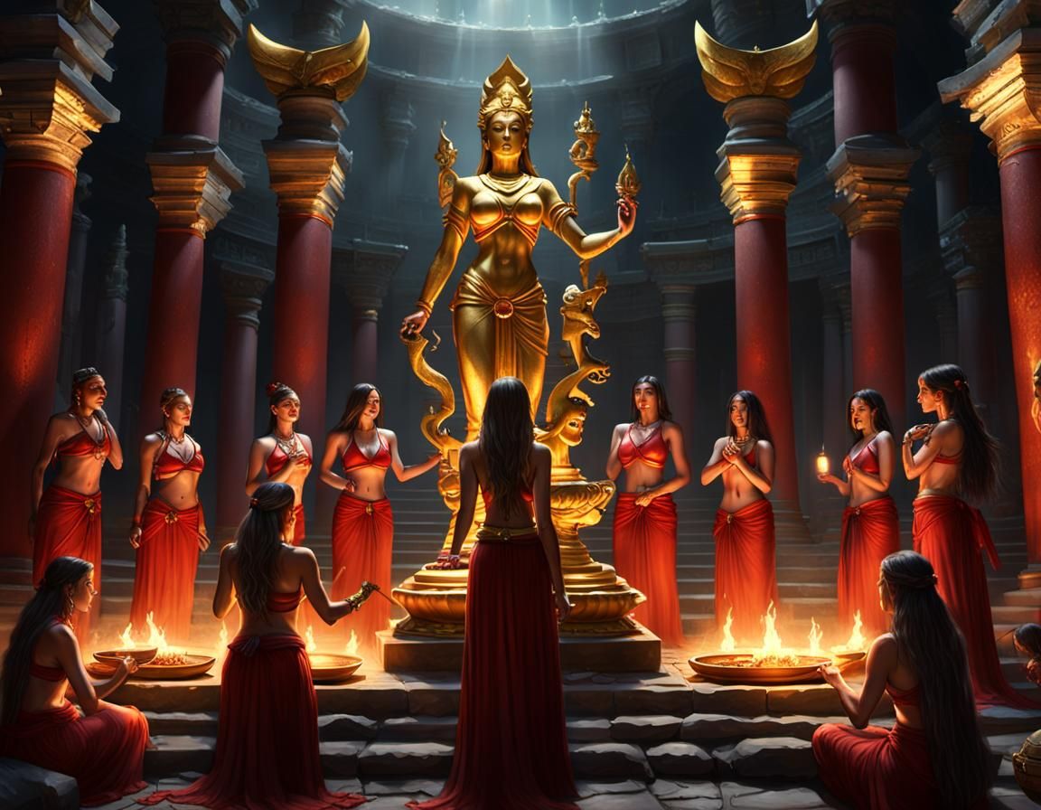 Ancient Temple Worship in Dark Fantasy Style