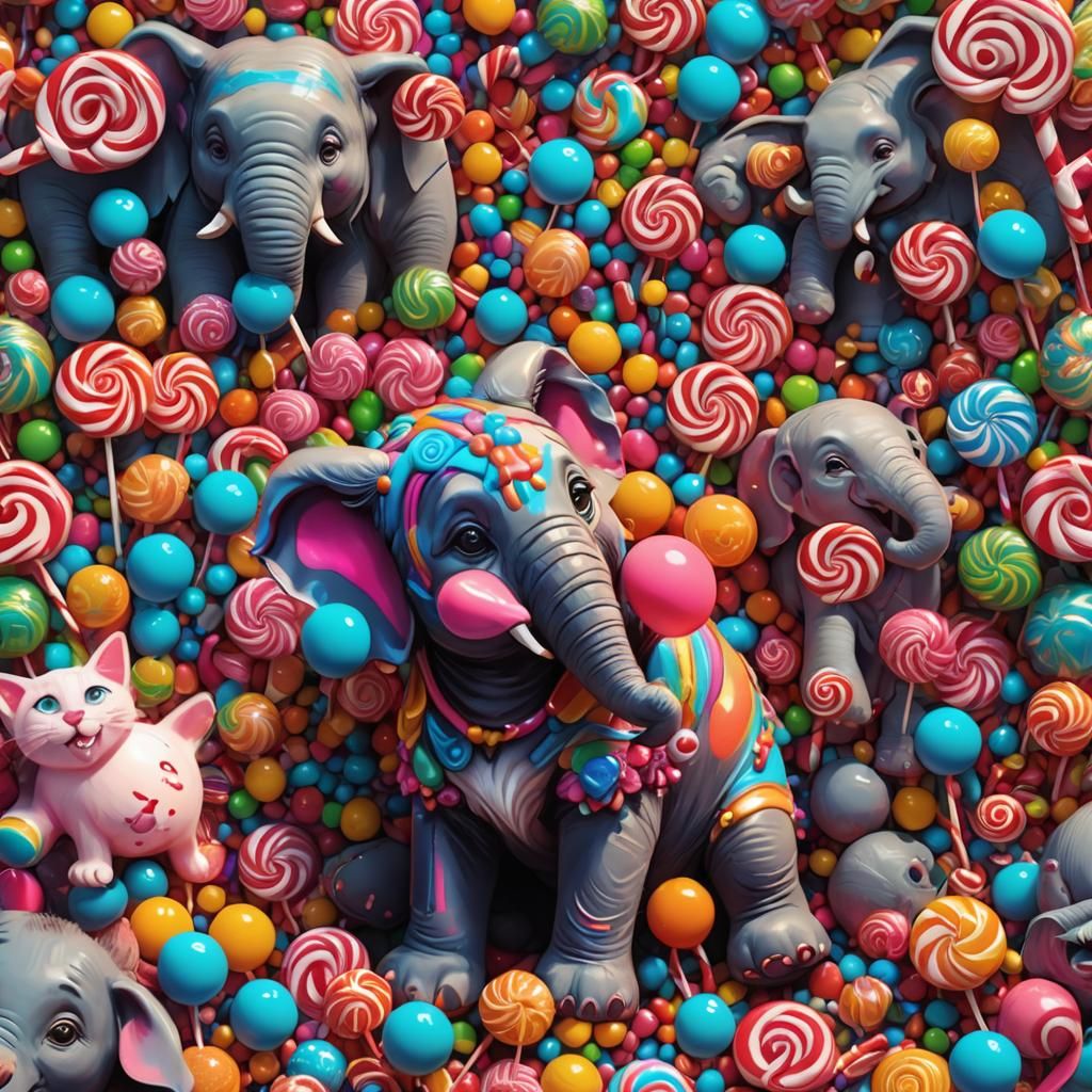 Candy Cat and Elephant in Digital Art Style