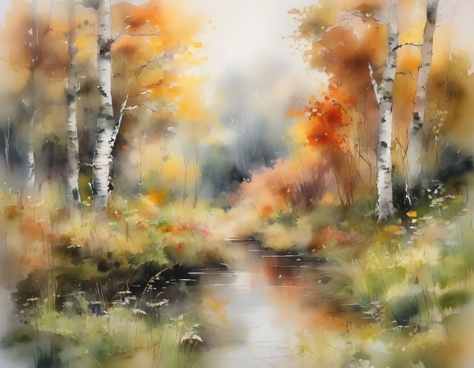 Spring Forest Watercolor Painting with Wildflowers