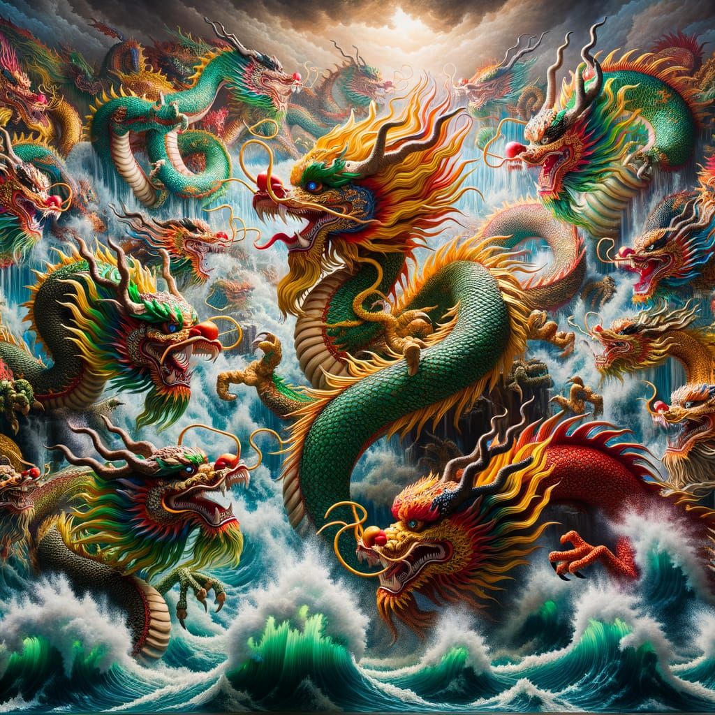 Oriental Dragons and Phoenix Storming Stormy Waves