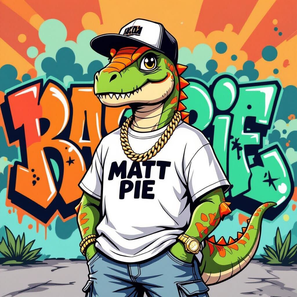 Cartoon Raptor Dinosaur with Gold Chain and Graffiti Backgro...