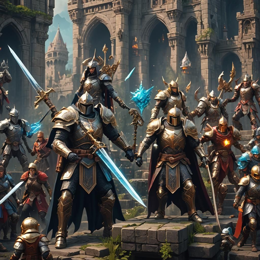 Retro Heroes with Pixelated Armor and Magic Sword