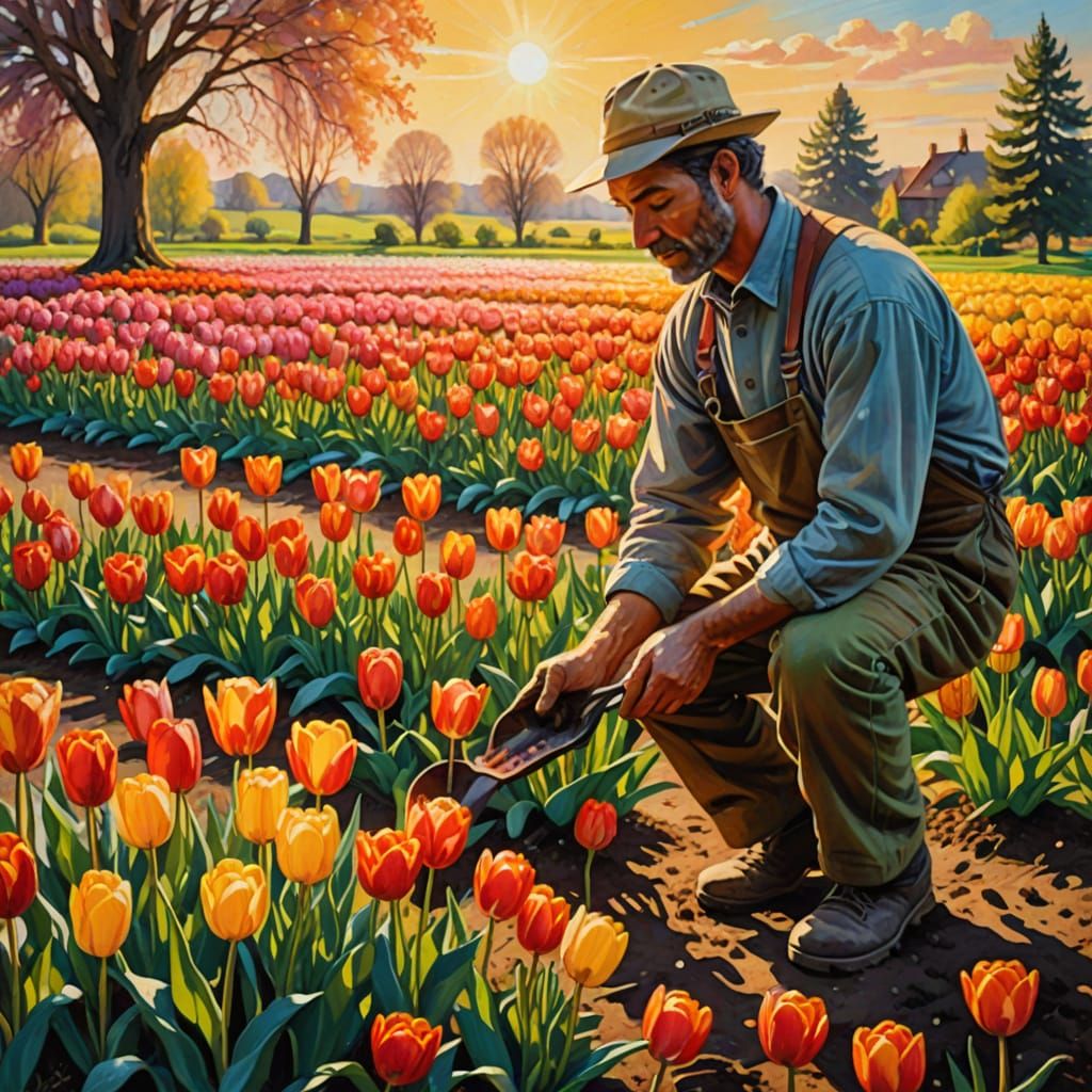 Serene Gardener Tending Vibrant Tulip Field in Golden Hour
