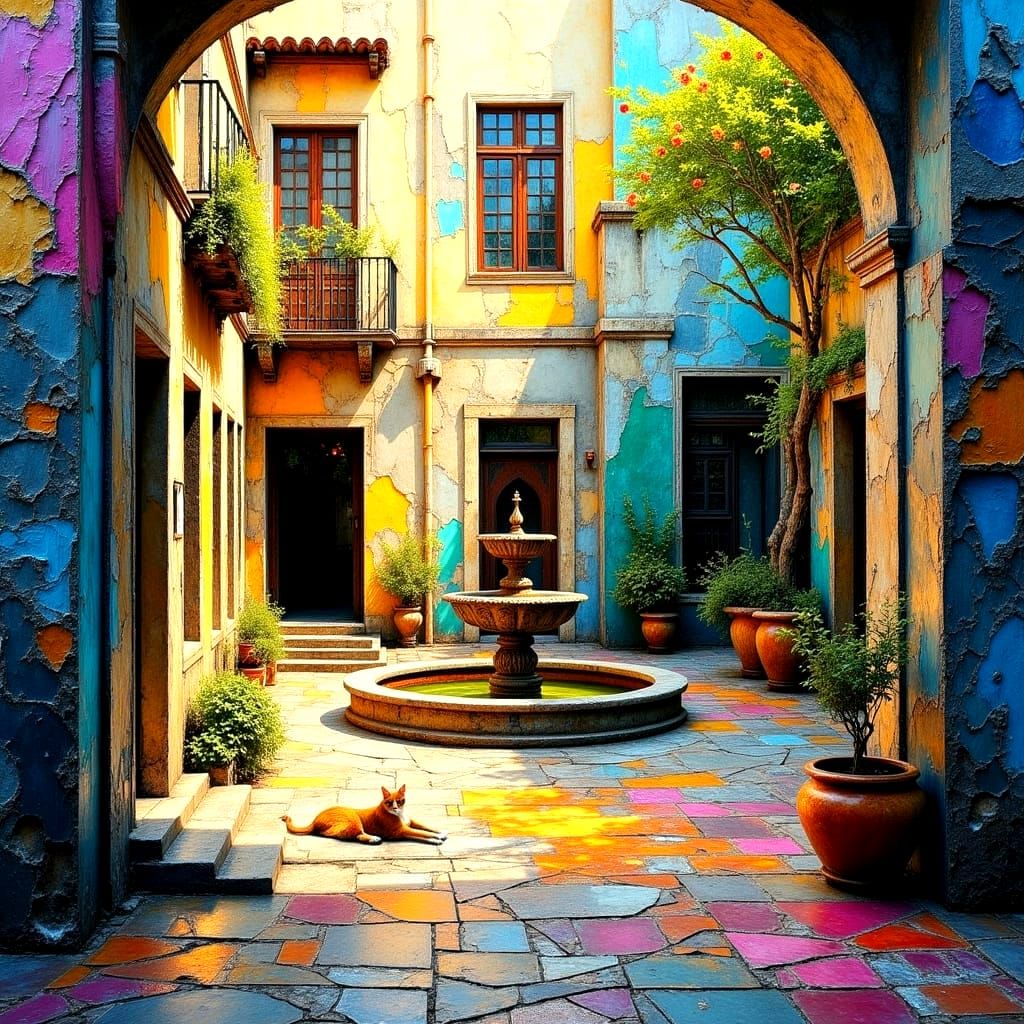 Rustic Courtyard Oasis in Vibrant Hues with Ginger Cat