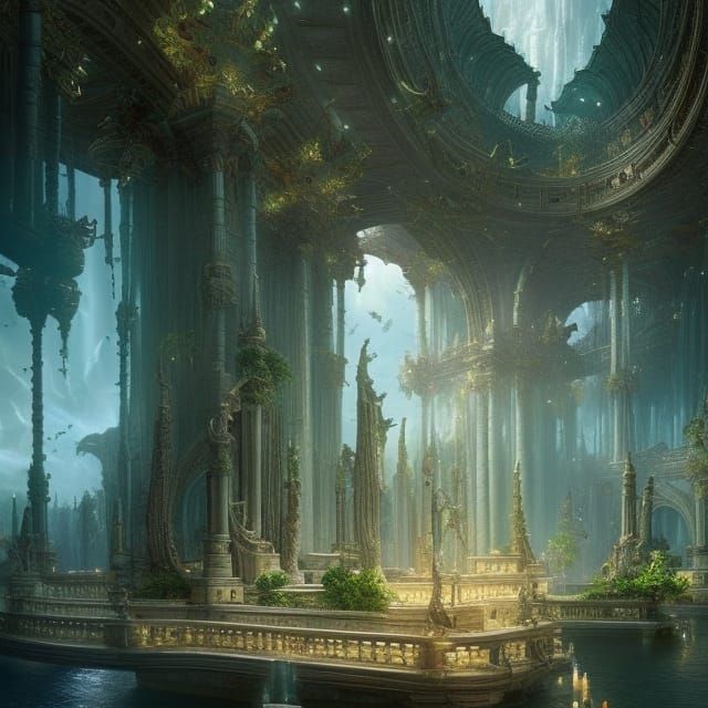 City of Atlantis with Floating Figures in Digital Art