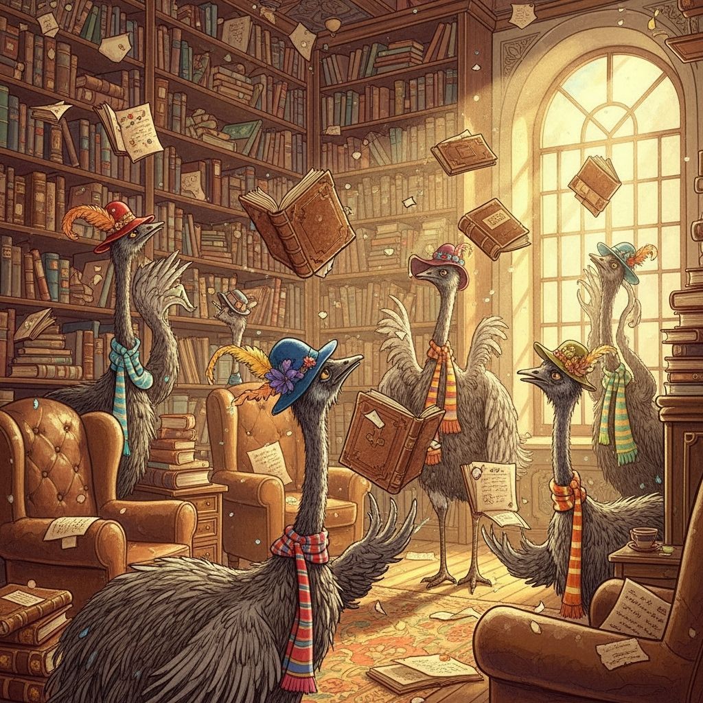 Emus Juggling Books in Whimsical Library