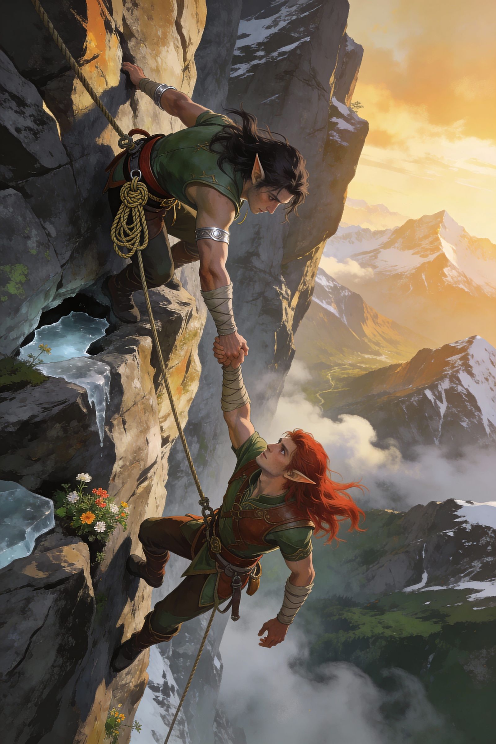 Elves Ascending Mountain Face in Golden Hour
