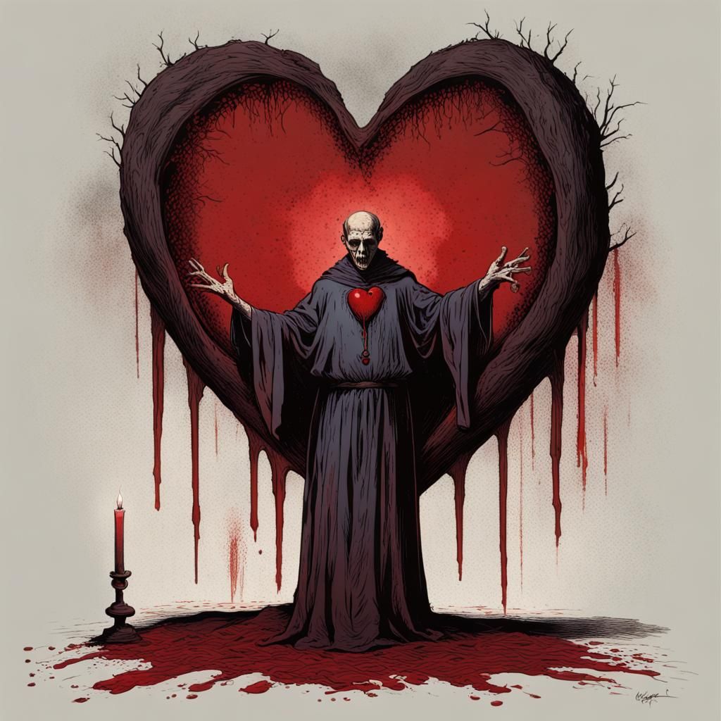 Necromantic Priest with Bloody Heart in Creepy Style