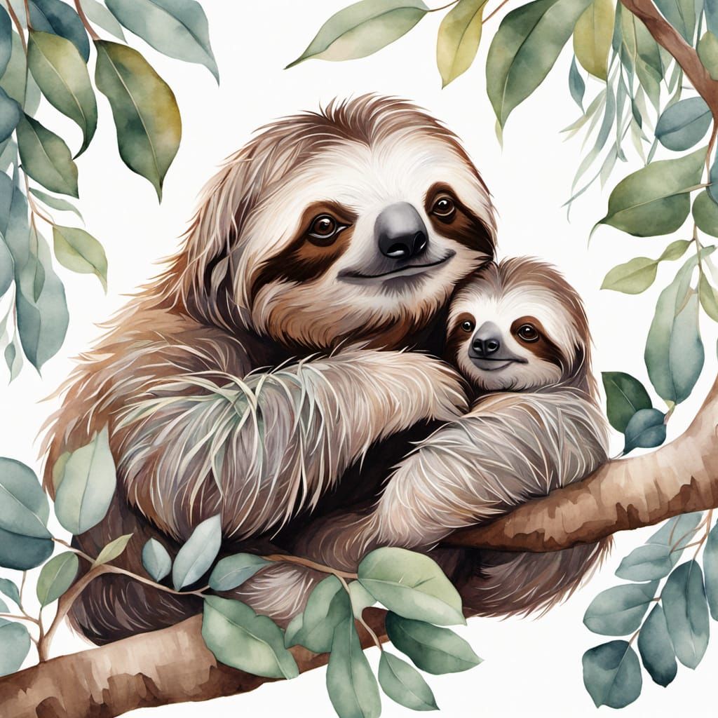 en lurvig sengångare  med baby på magen,i ett vackert eucaly...