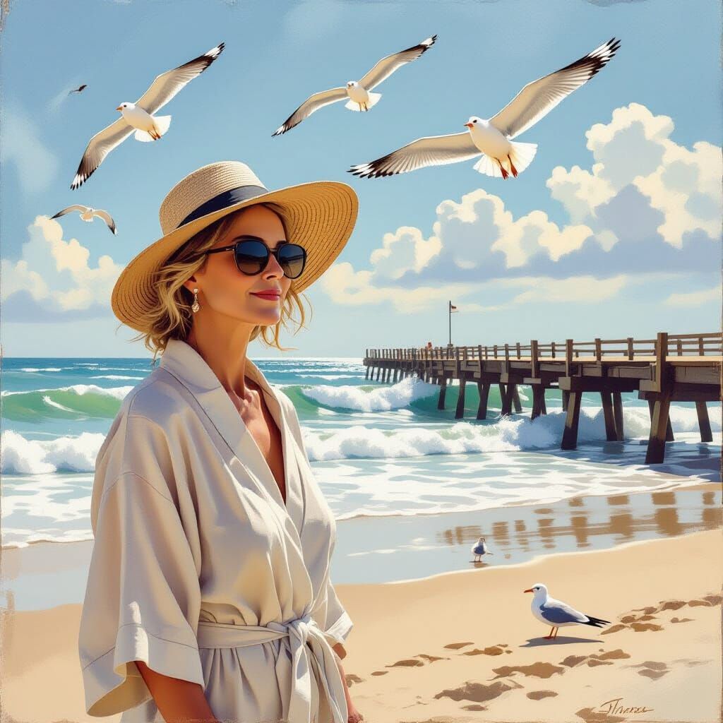 Painterly Coastal Scene: Woman on Beach