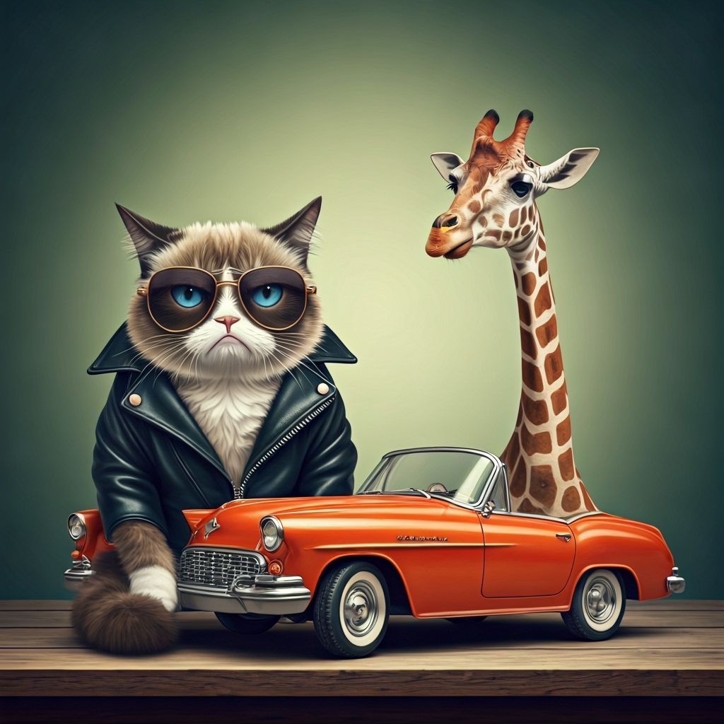 Grumpy Cat Teaches Giraffe to Drive in Tiny Car