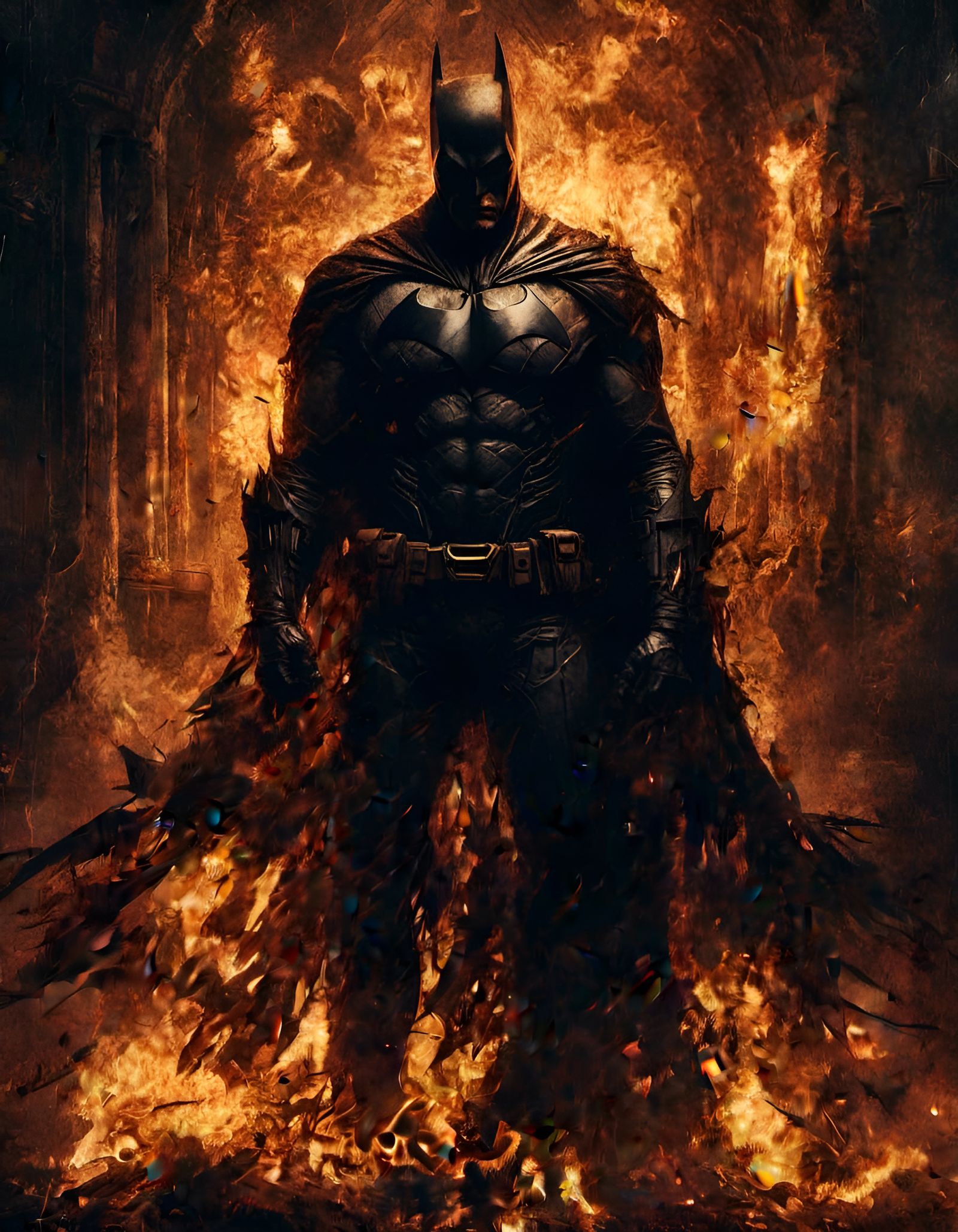 Batman Silhouette Emerges from Burning Manor