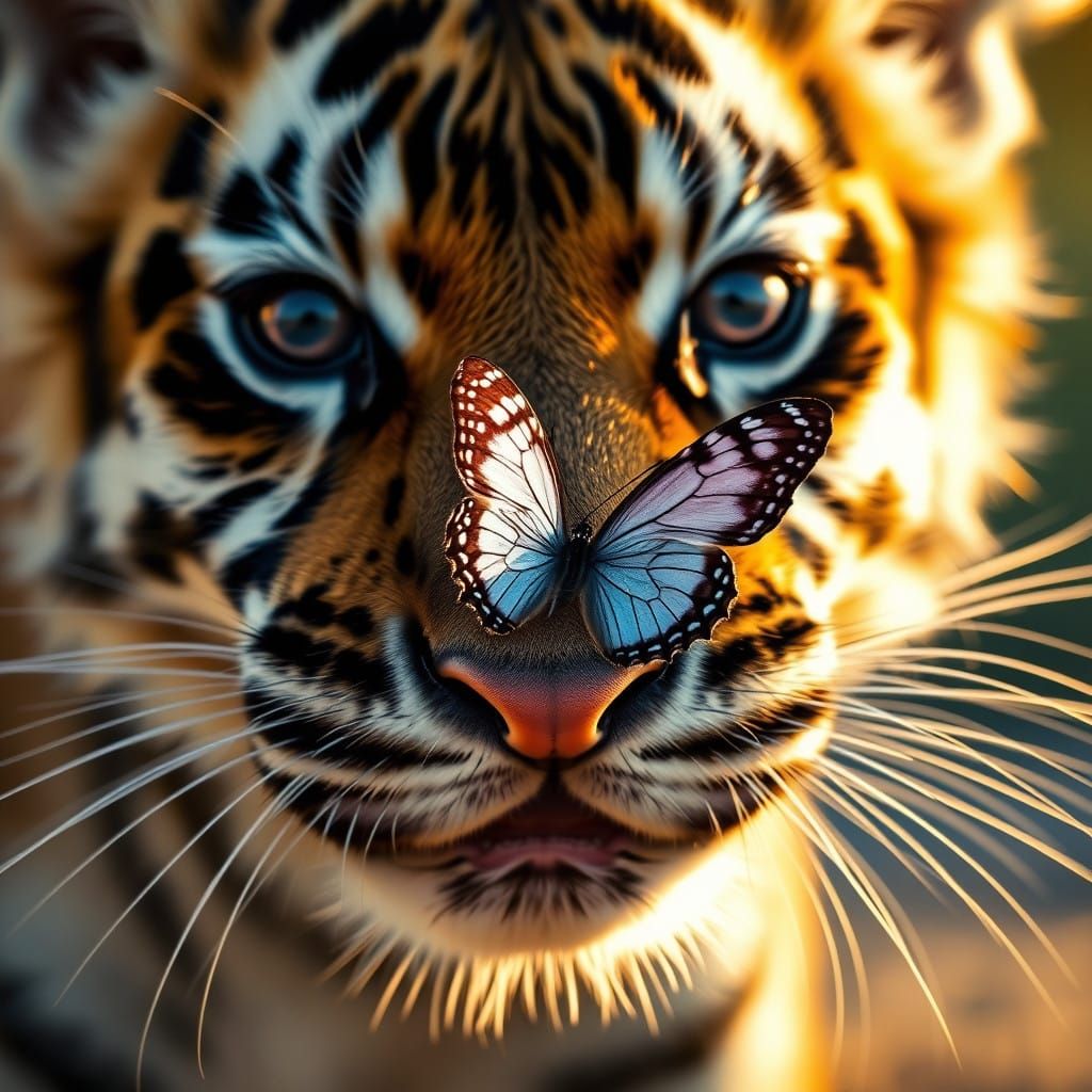 Cute Baby Tiger's Whiskers with Butterfly in Golden Hour