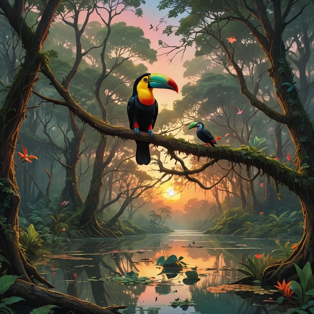 Vibrant Toucan in Mystical Forest at Sunset