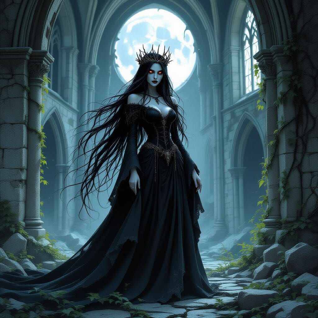 Vampire Queen in Ruined Cathedral, Dark Fantasy Art