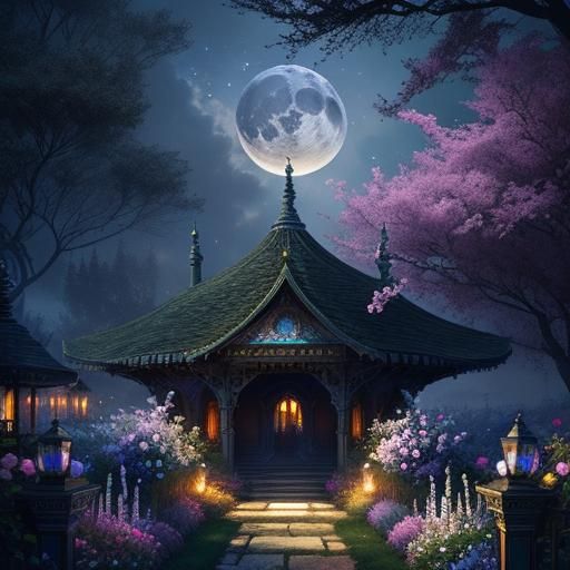 Dreamy Lovebirds in Enchanted Midnight Garden