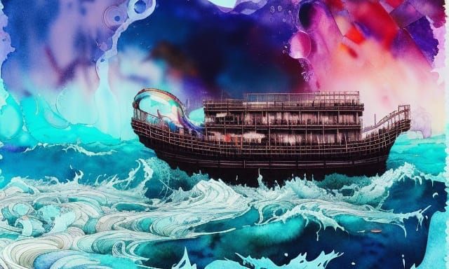 Vaporwave Noah's Ark with Flowing Watercolors