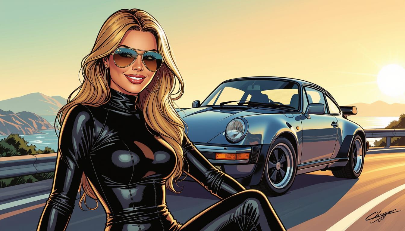 Woman in Leather Catsuit Leans on Vintage Porsche