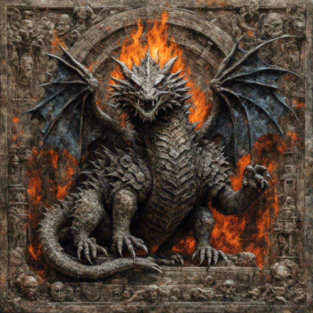 Ornate Stone Relief of Dragon and Dwarf