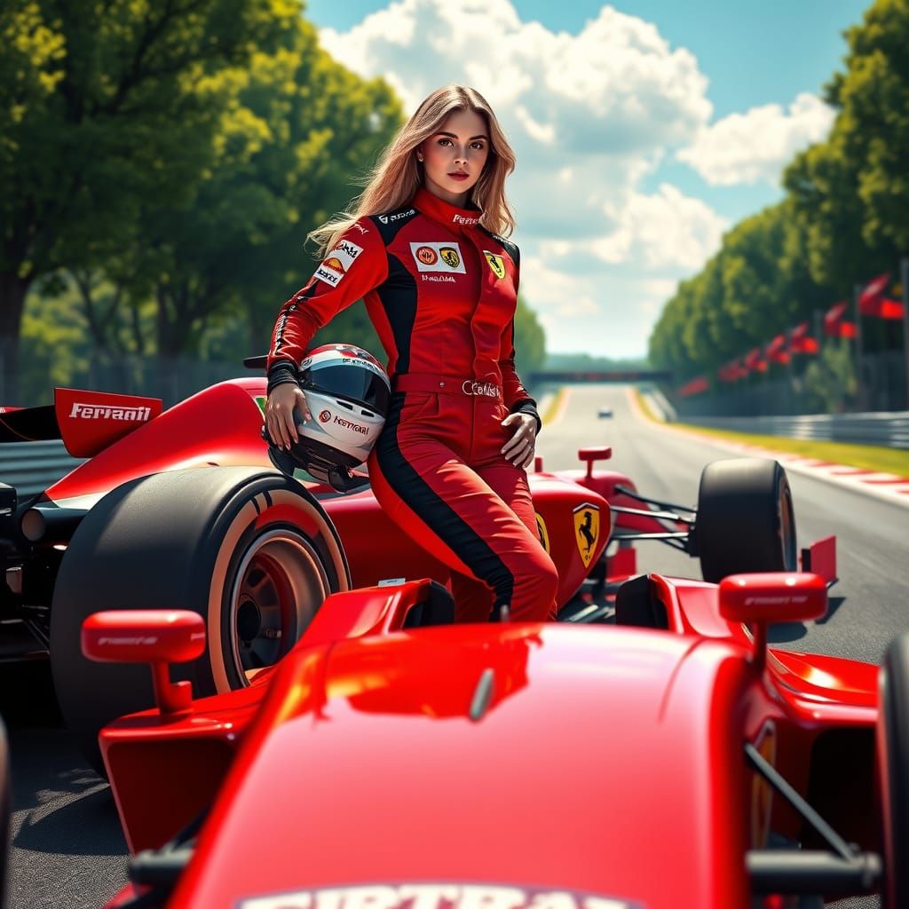 Lady Ferrari Driver Leans Against Her Car on a Vibrant F1 Tr...