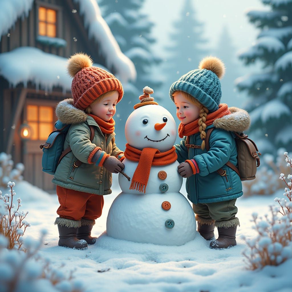Winter Wonderland Scene with Whimsical Children and Snowman