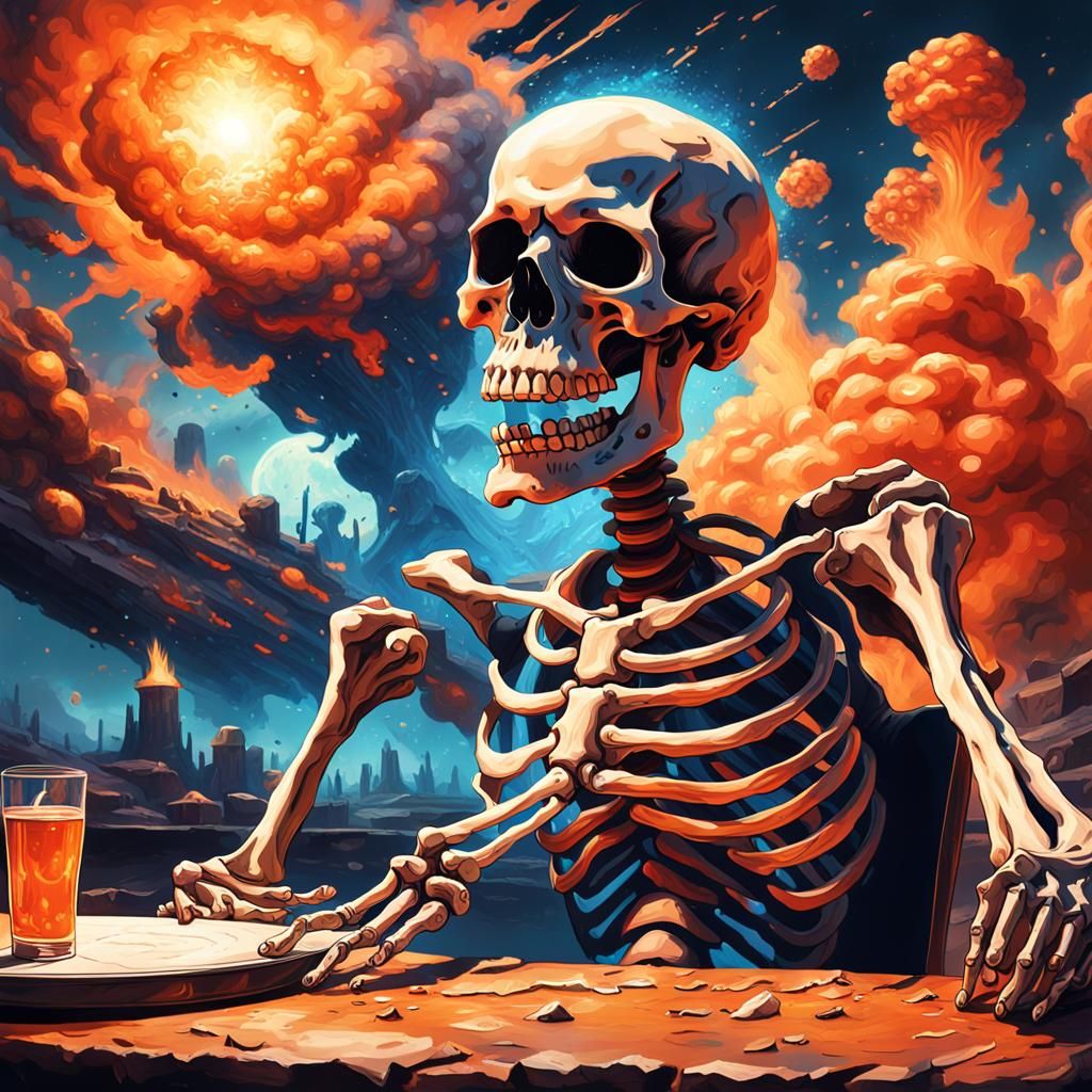 Skeleton Waiting at Table Before Atomic Explosion