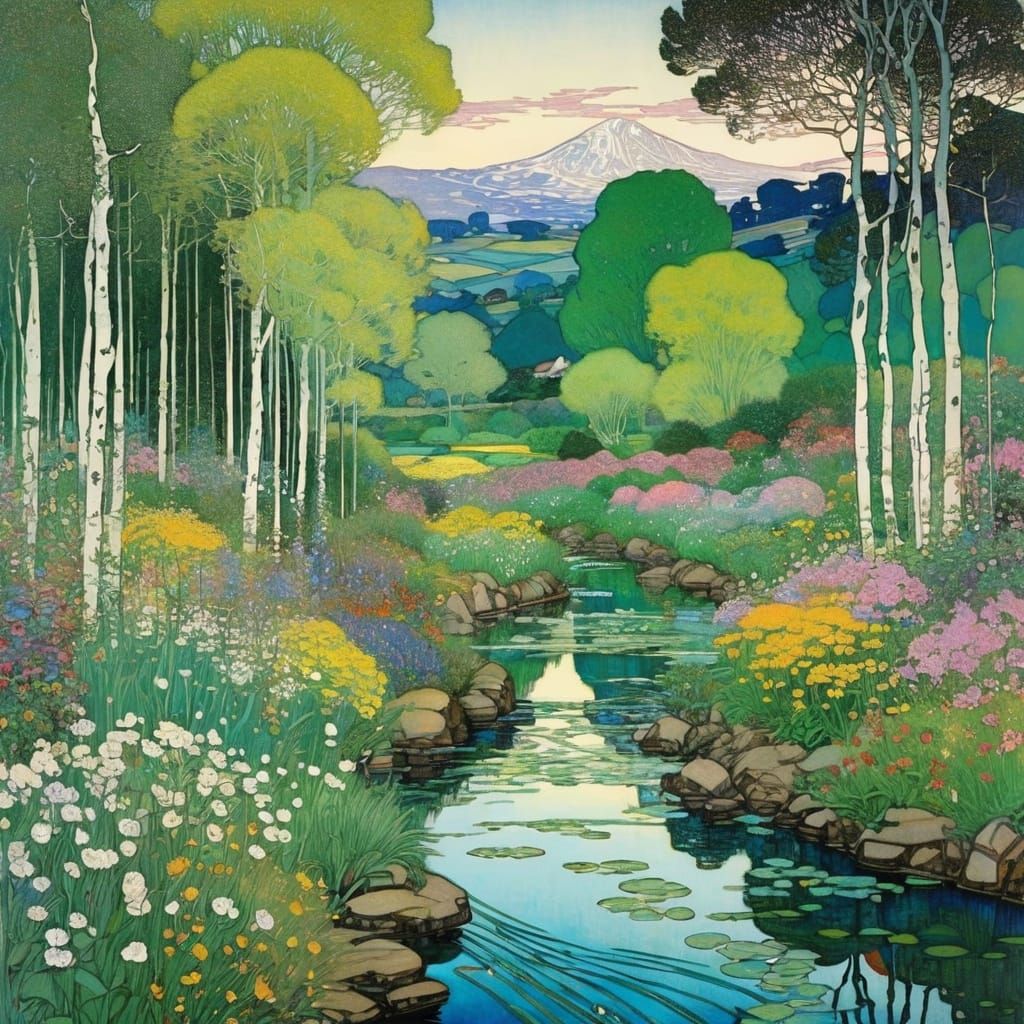 Whimsical Spring Scene in Organic Line Drawing Style