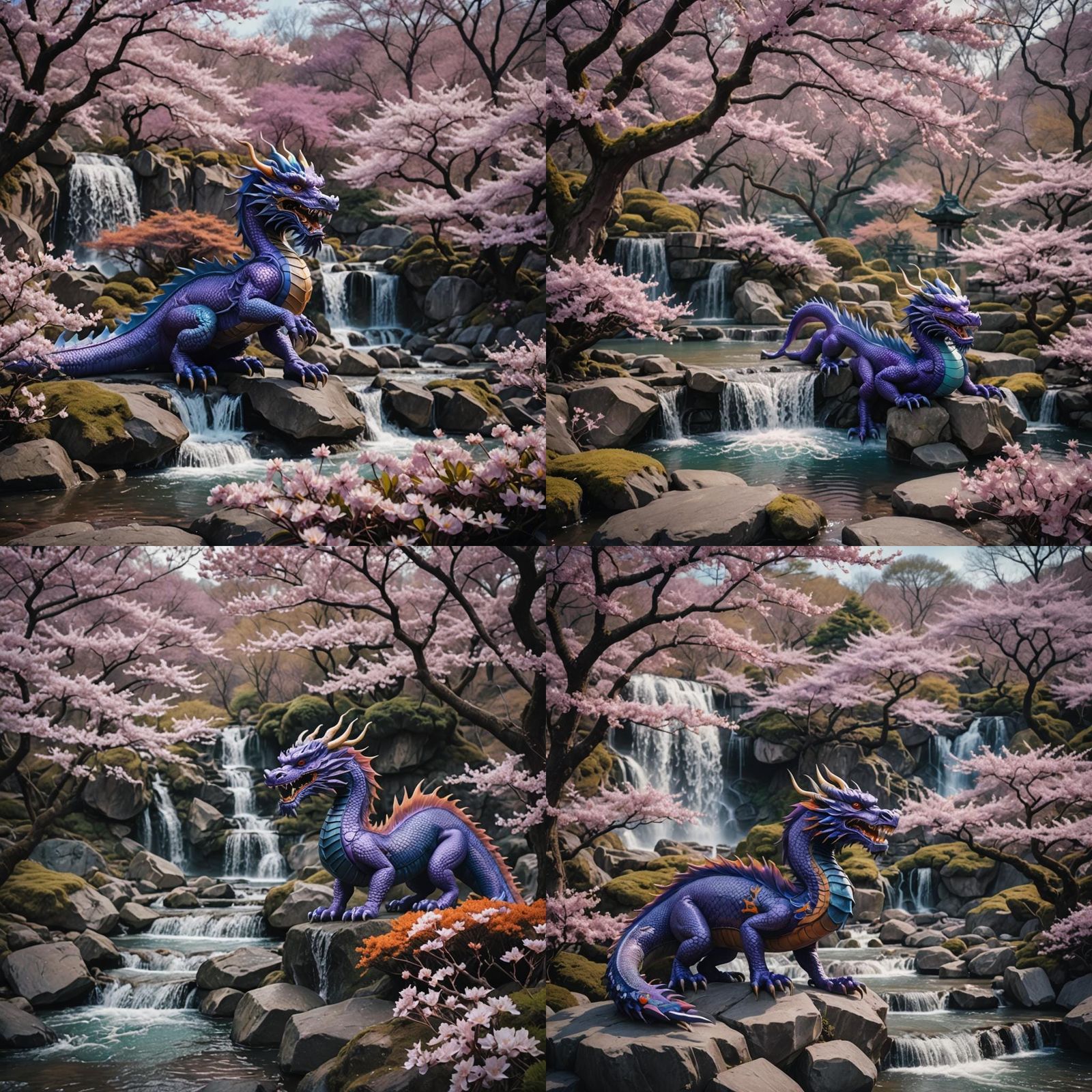 Cinematic Asian Dragon with Waterfall and Blossoms