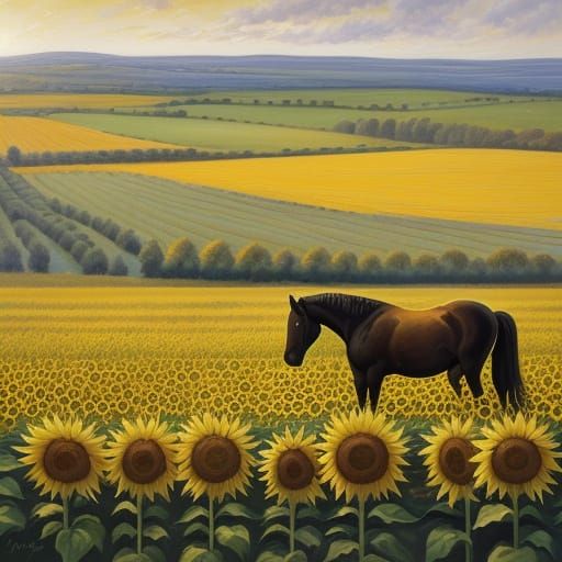 Impressionist Sunflowers and Horses in Golden Light
