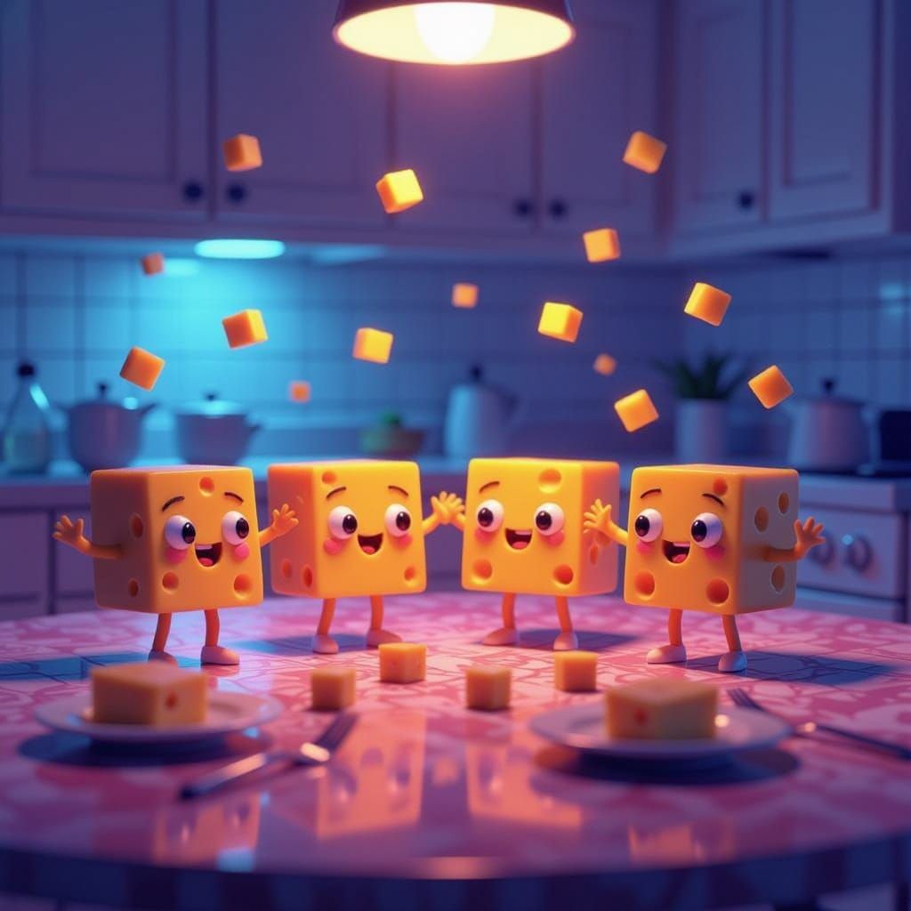 Cheese Cubes Party Under Cinematic Lights