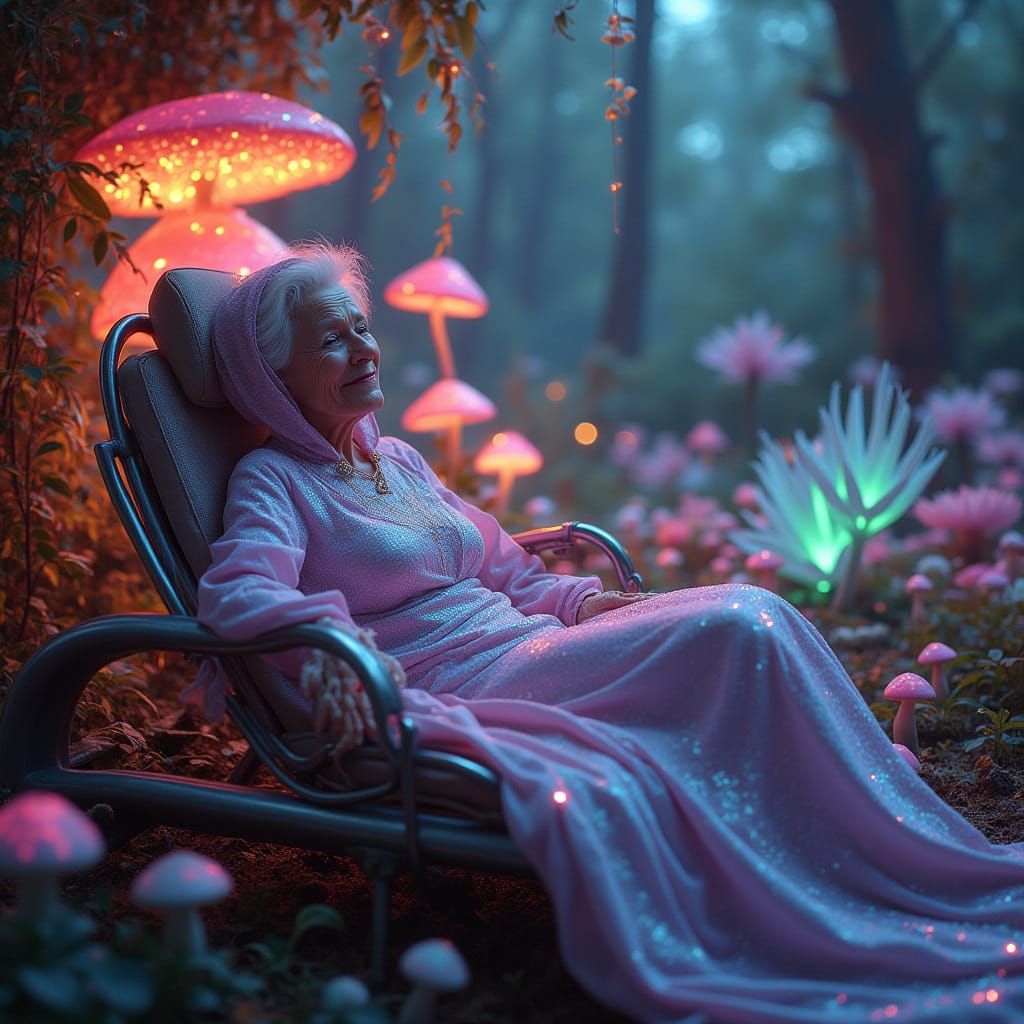 Elderly Woman in Cyberpunk Garden with Luminous Flora