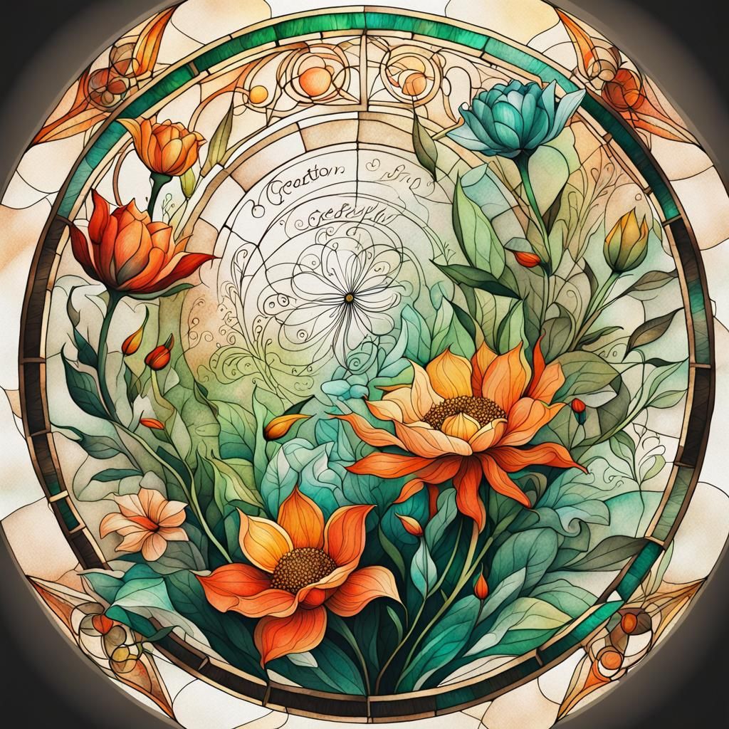 Calligraphic Bouquet on Parchment in Stained Glass Style