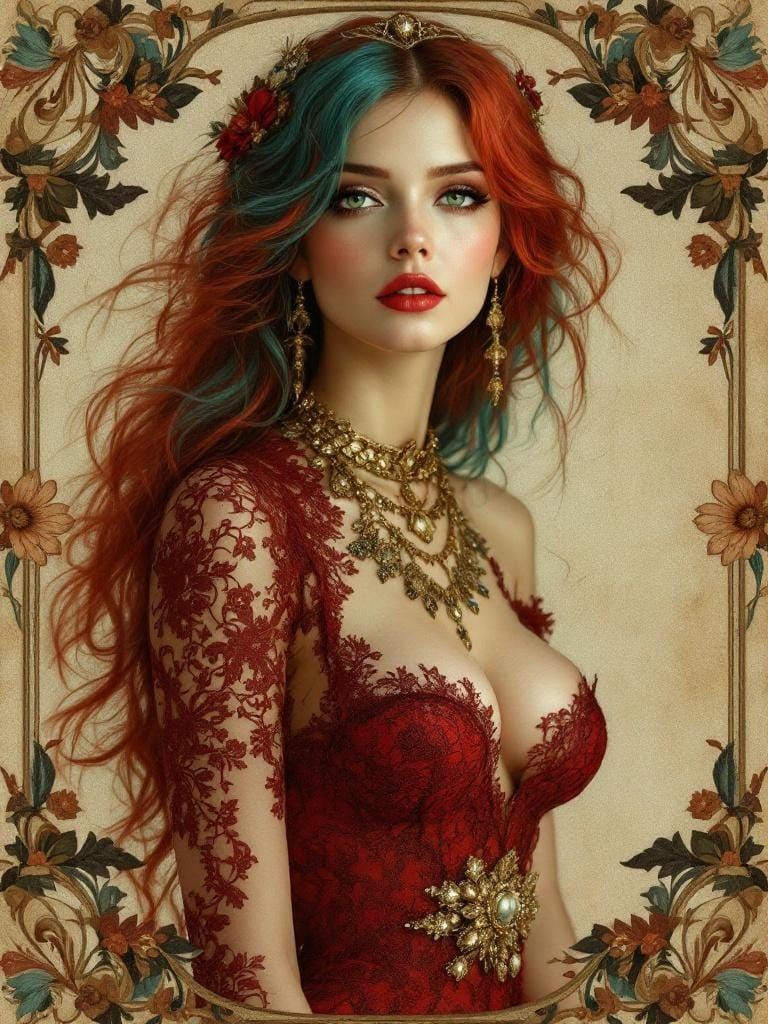 Elegant Woman with Red Hair in Art Nouveau Style