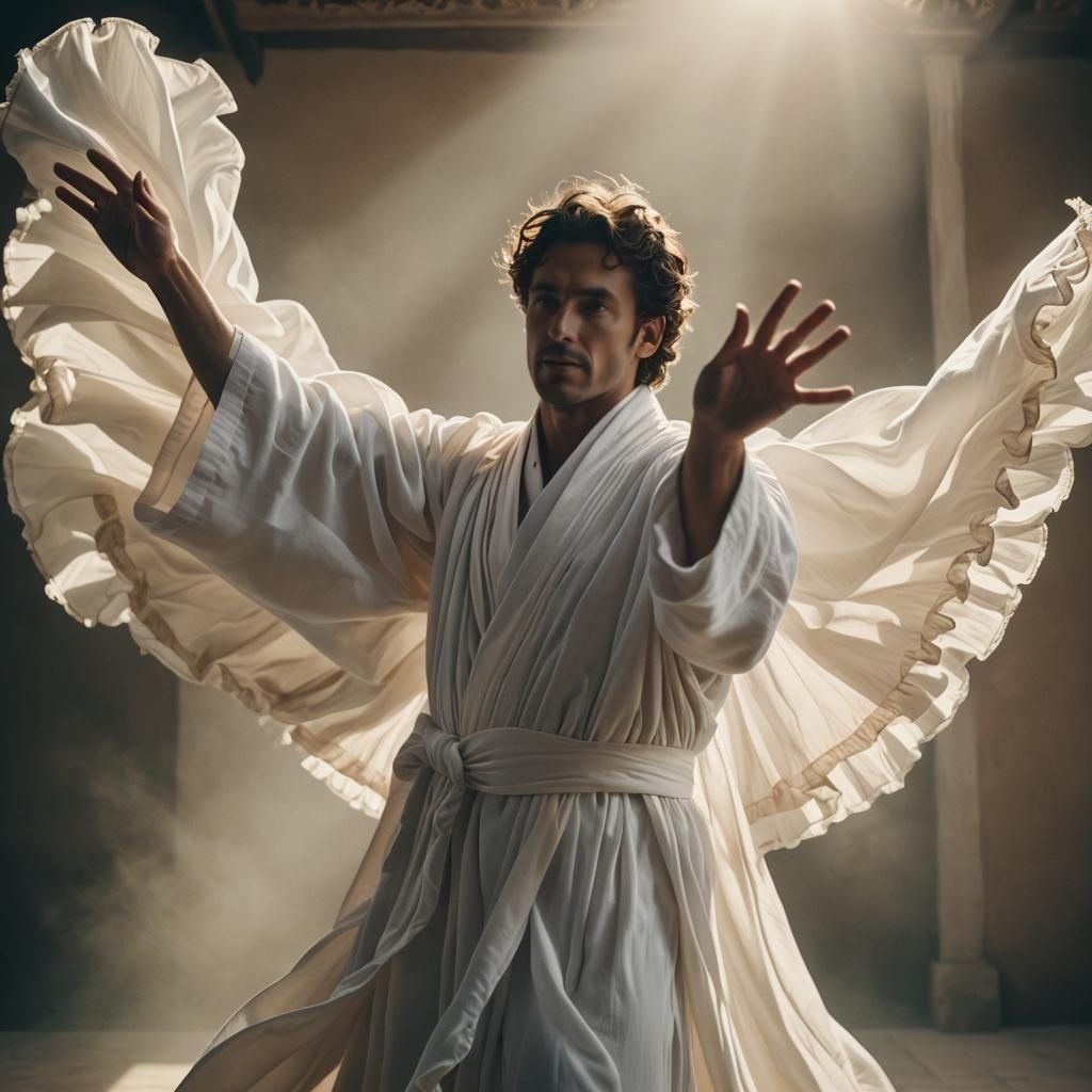Dramatic Dance in White Robe: Cinematic Film Still