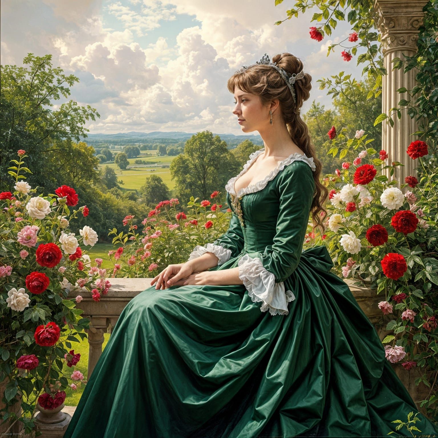 Queen Charlotte Gazes Over Lush Garden in Regal Gown