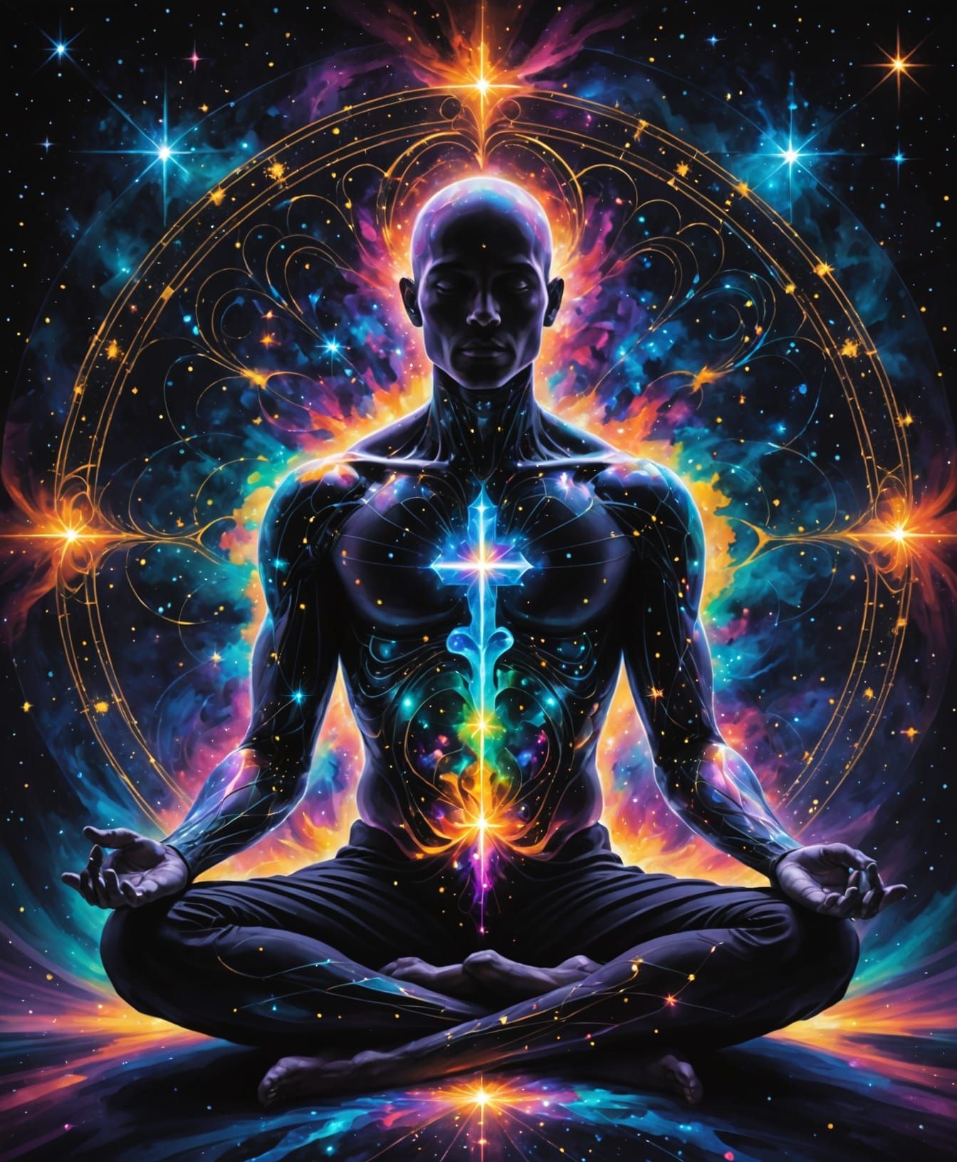 Cosmic Figure Meditating Amidst Swirling Nebulae