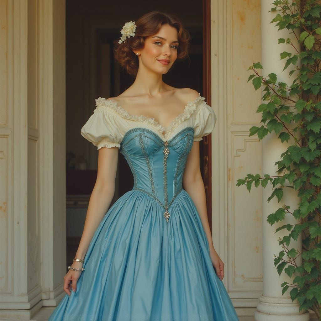 Elegant Woman in Blue Corset Dress: Hyperrealistic Art