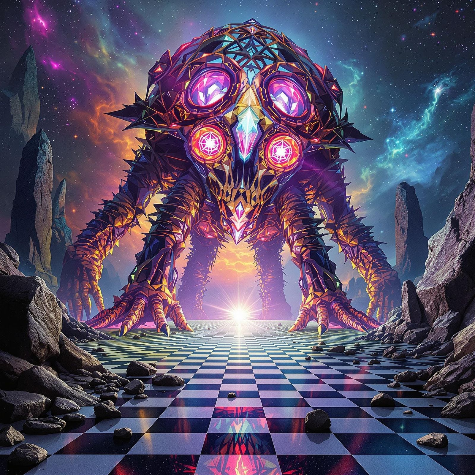 Colossal Fossilized Creature Rising from Checkered Floor